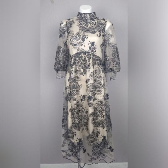 Vicky and Lucas Puff Sleeve Embroidered Floral Black Lace Mesh Dress - Picture 3 of 16